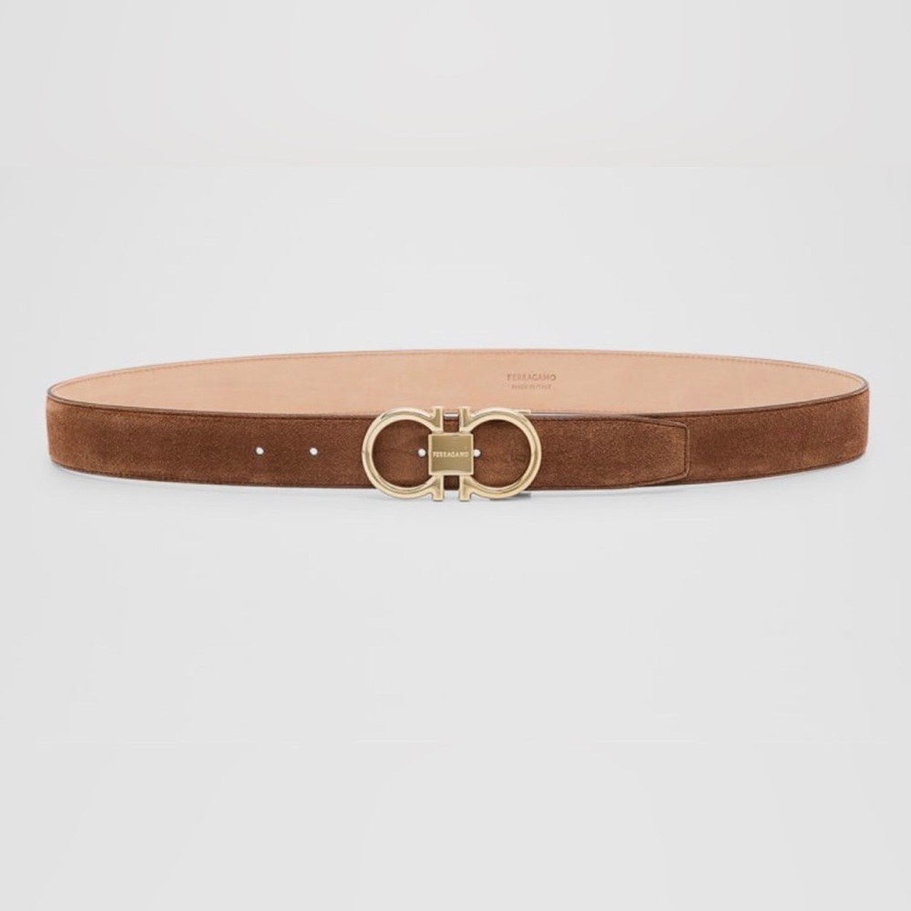 Salvatore Ferragamo midbrown Suede Belt with Gold Buckle size 95cm new